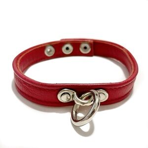 Red Real Leather Choker Collar with Silver Ring